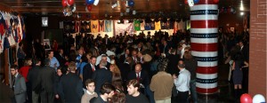 There was a large crowd downstairs and lots of flags.