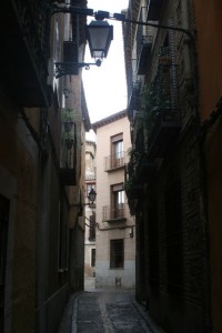 One of the narrow streets with balconies.