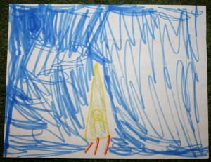 Eric blasts into the sky in his yellow rocket.