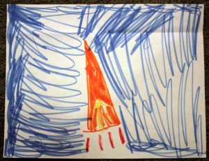 Eric shoots through the sky in his orange rocket.