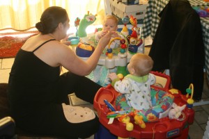 Alex (back) & Dom (front): Our first solid food!