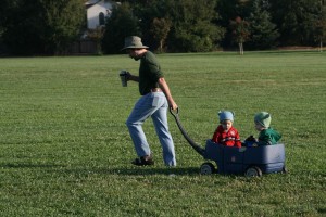 Puck with Dom and Alex in the Wagon